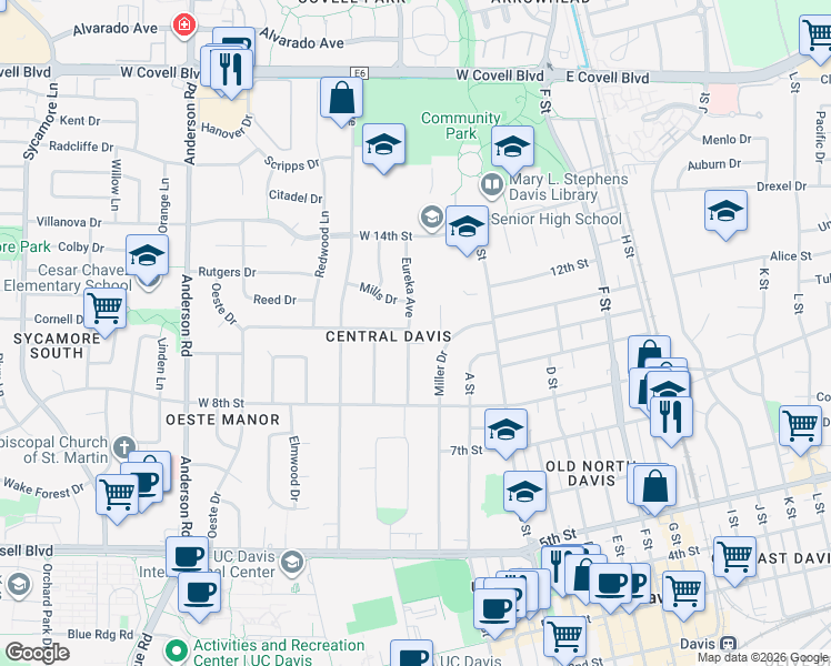 map of restaurants, bars, coffee shops, grocery stores, and more near 928 Eureka Avenue in Davis