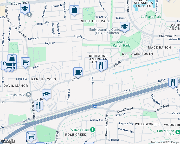 map of restaurants, bars, coffee shops, grocery stores, and more near 801 San Rafael Street in Davis