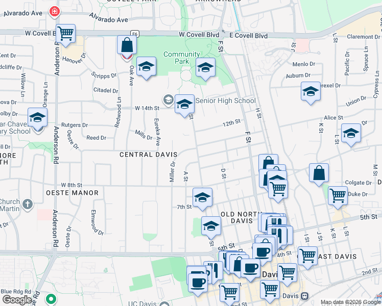 map of restaurants, bars, coffee shops, grocery stores, and more near 1026 Miller Drive in Davis