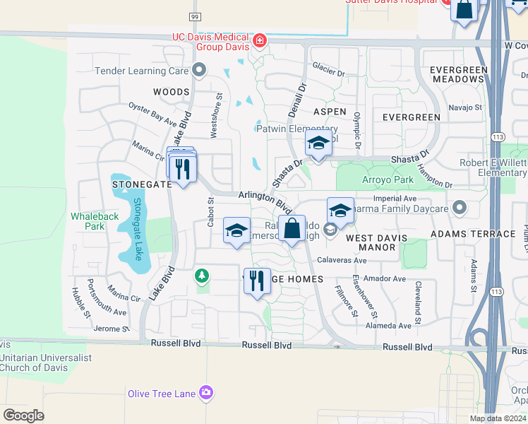 map of restaurants, bars, coffee shops, grocery stores, and more near 2502 Oakenshield Road in Davis
