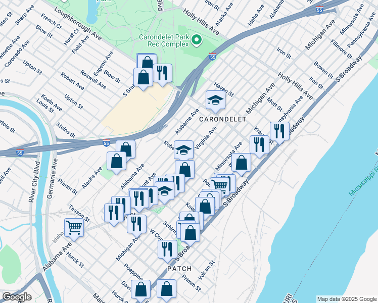 map of restaurants, bars, coffee shops, grocery stores, and more near 7154 Vermont Avenue in St. Louis
