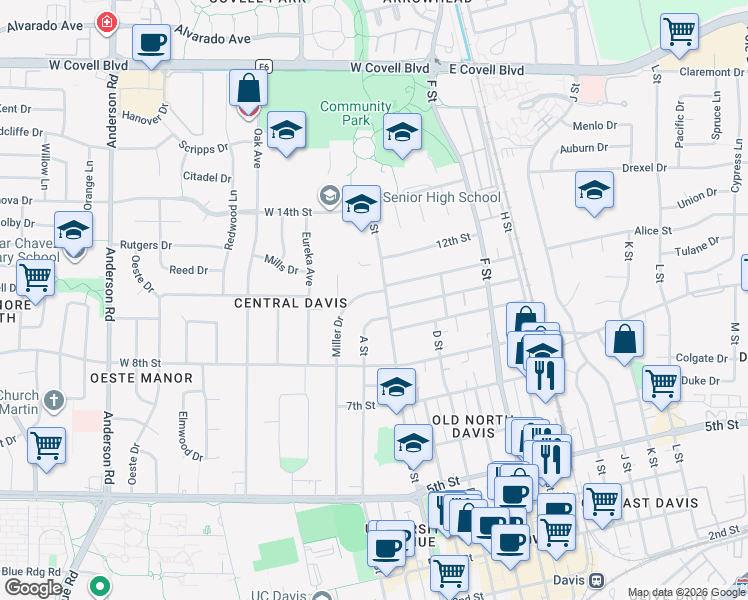 map of restaurants, bars, coffee shops, grocery stores, and more near 1026 Miller Drive in Davis