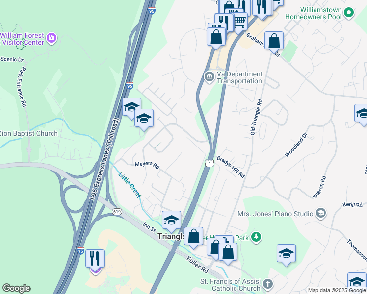 map of restaurants, bars, coffee shops, grocery stores, and more near 4037 C Street in Triangle