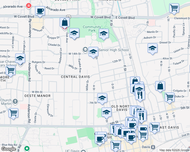 map of restaurants, bars, coffee shops, grocery stores, and more near 1026 Miller Drive in Davis