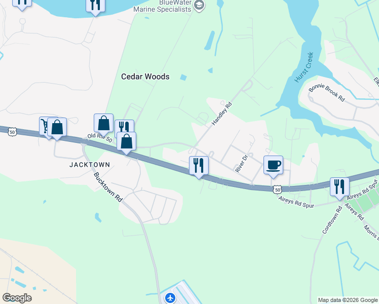 map of restaurants, bars, coffee shops, grocery stores, and more near 2951 Old Route 50 in Cambridge