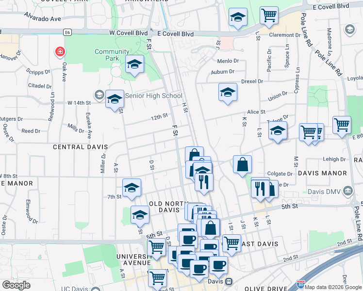map of restaurants, bars, coffee shops, grocery stores, and more near 902 F Street in Davis