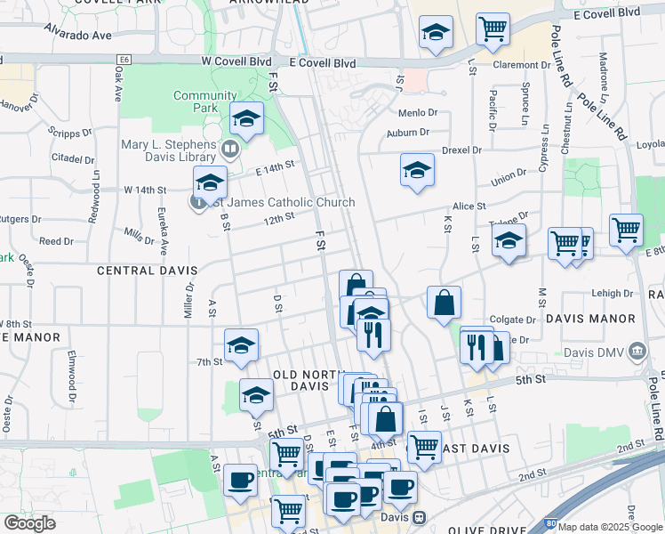 map of restaurants, bars, coffee shops, grocery stores, and more near 902 F Street in Davis