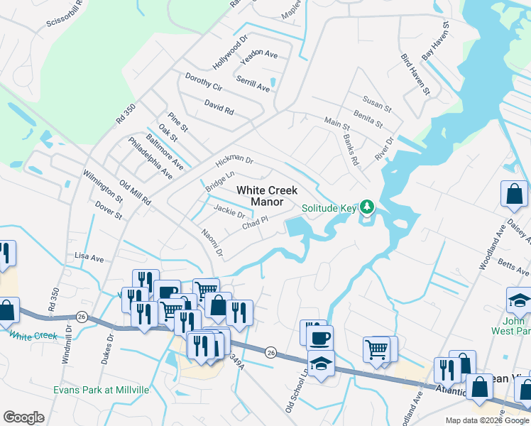 map of restaurants, bars, coffee shops, grocery stores, and more near 221 Chad Place in Ocean View