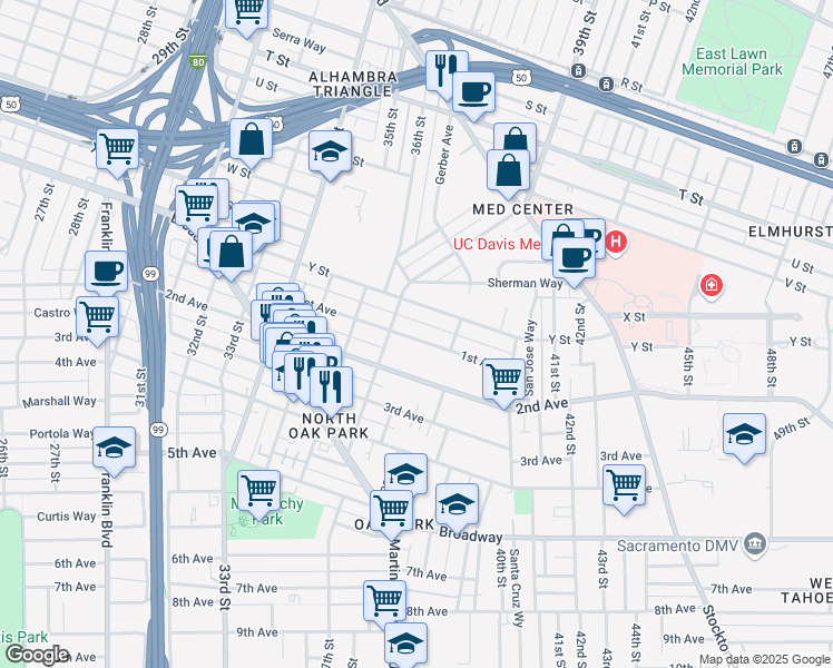 map of restaurants, bars, coffee shops, grocery stores, and more near 3743 1st Avenue in Sacramento