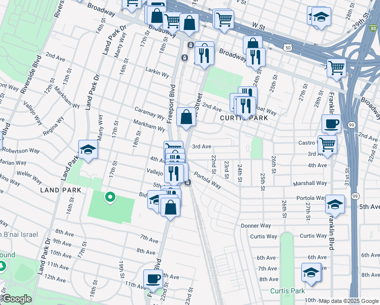 map of restaurants, bars, coffee shops, grocery stores, and more near 2815 21st Street in Sacramento
