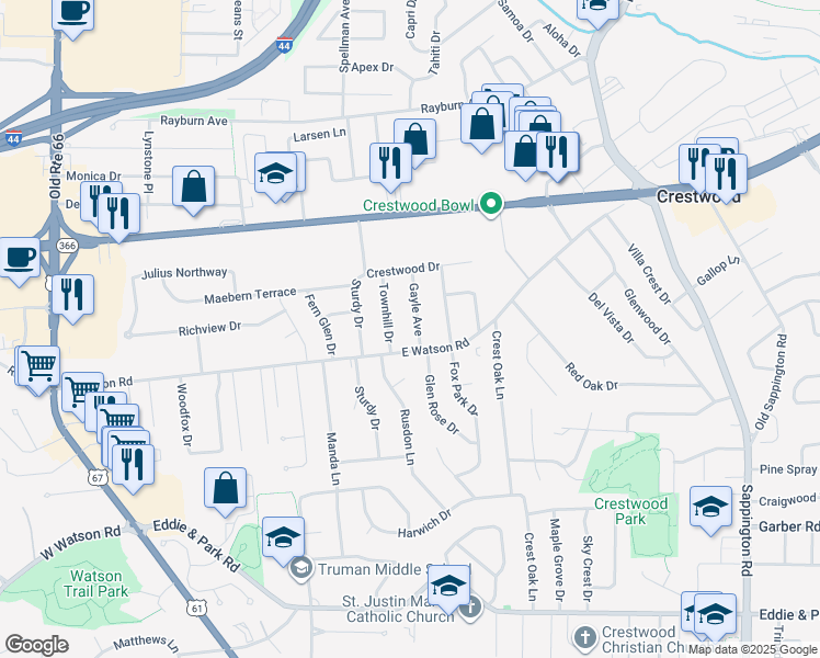 map of restaurants, bars, coffee shops, grocery stores, and more near 8745 Gayle Avenue in St. Louis