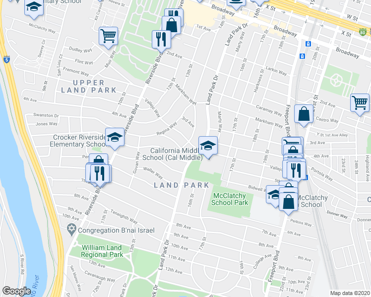 map of restaurants, bars, coffee shops, grocery stores, and more near 2941 14th Street in Sacramento