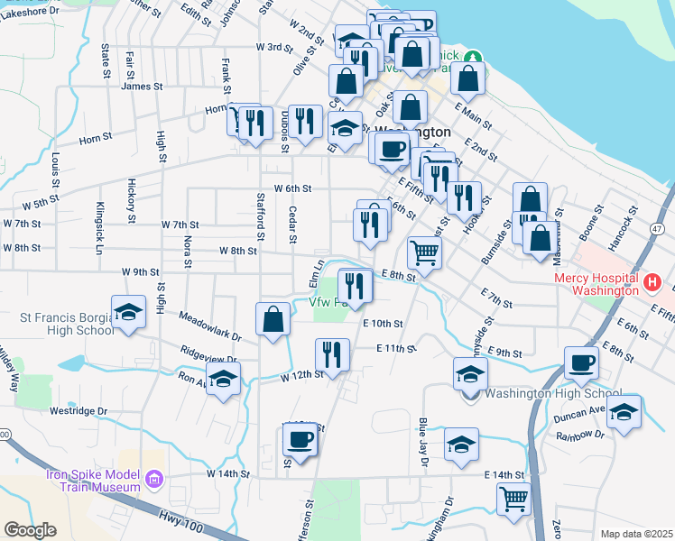 map of restaurants, bars, coffee shops, grocery stores, and more near 108 Busch Avenue in Washington