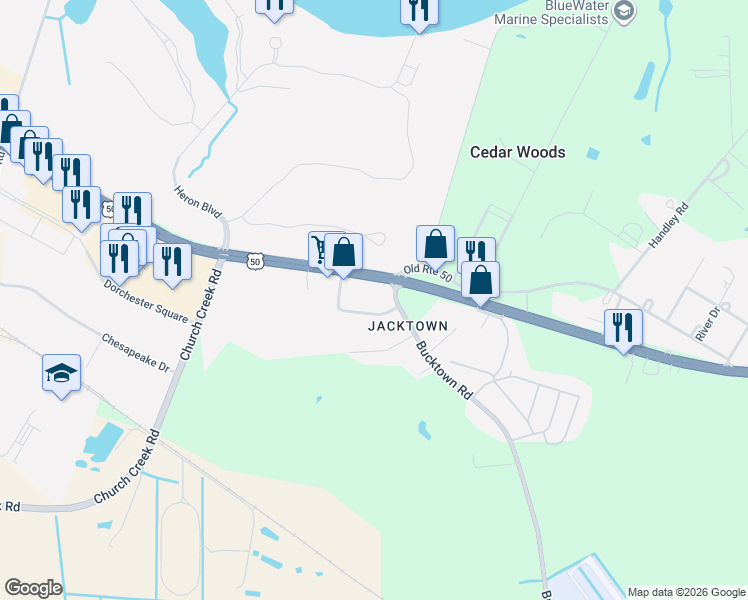 map of restaurants, bars, coffee shops, grocery stores, and more near 5350 Bucktown Road in Cambridge
