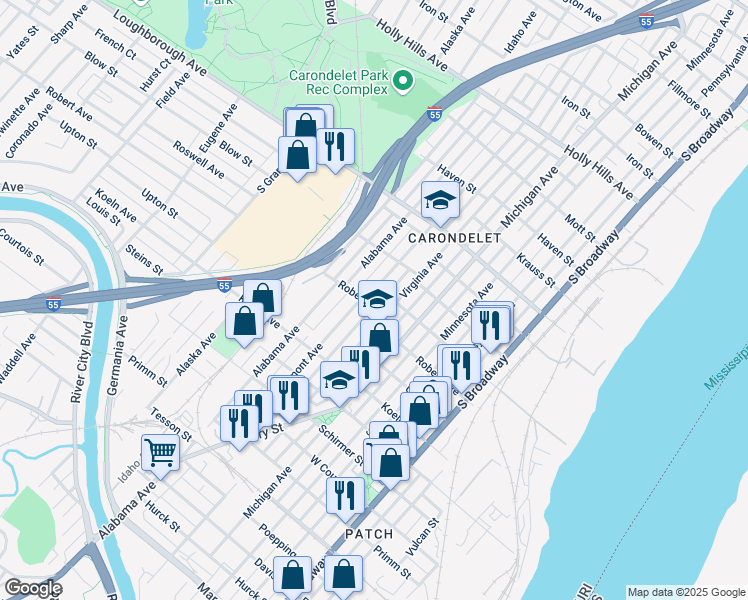 map of restaurants, bars, coffee shops, grocery stores, and more near 7154 Vermont Avenue in St. Louis