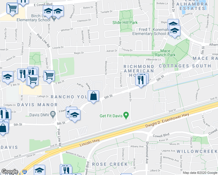 map of restaurants, bars, coffee shops, grocery stores, and more near 2622 Grambling Court in Davis