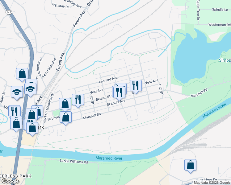 map of restaurants, bars, coffee shops, grocery stores, and more near 620 Benton Street in Valley Park