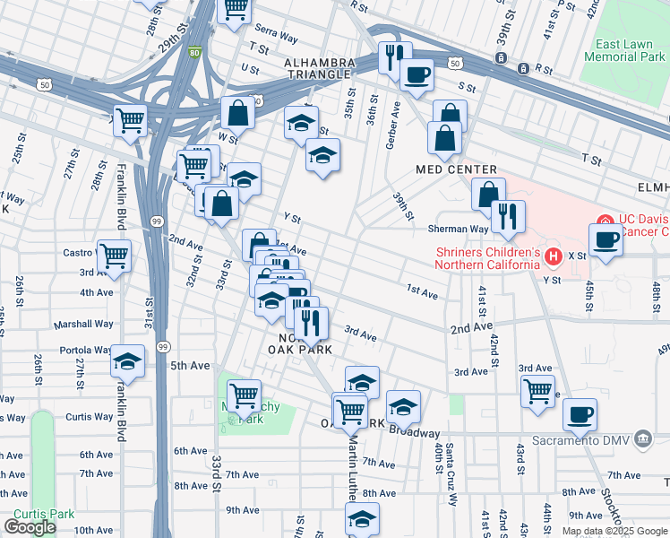 map of restaurants, bars, coffee shops, grocery stores, and more near 3632 1st Avenue in Sacramento