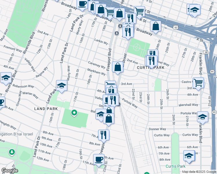 map of restaurants, bars, coffee shops, grocery stores, and more near 1980 3rd Avenue in Sacramento