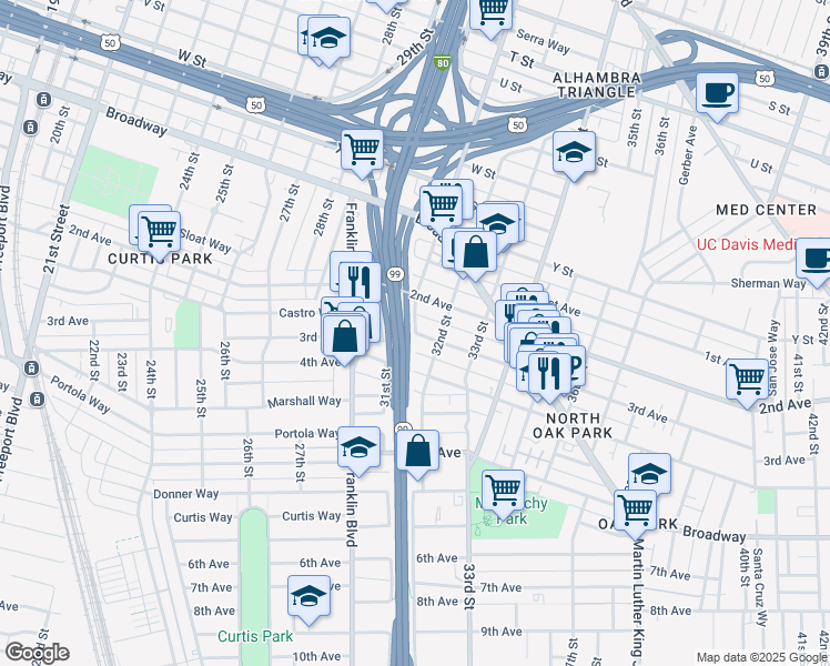 map of restaurants, bars, coffee shops, grocery stores, and more near 4500 Alhambra Boulevard in Sacramento
