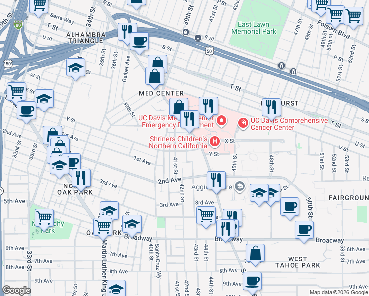 map of restaurants, bars, coffee shops, grocery stores, and more near 2424 42nd Street in Sacramento