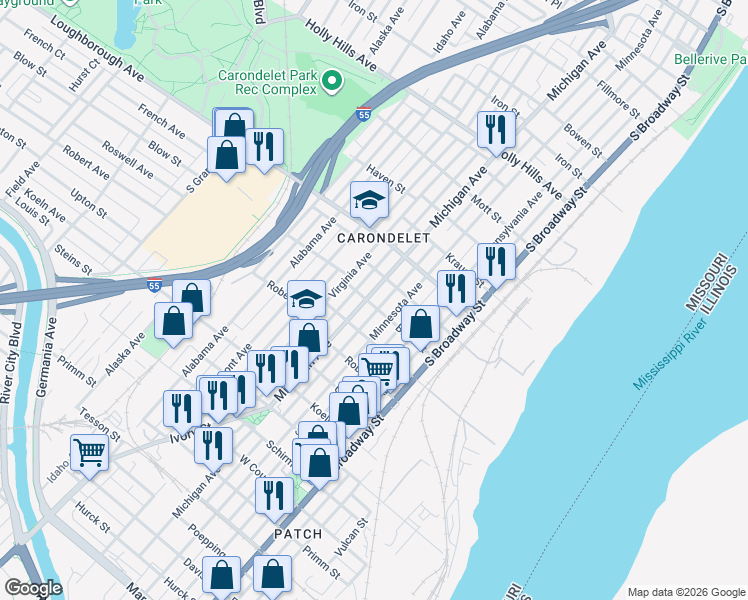map of restaurants, bars, coffee shops, grocery stores, and more near 7026 Michigan Avenue in St. Louis