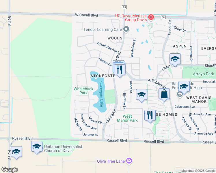 map of restaurants, bars, coffee shops, grocery stores, and more near 1065 Lake Boulevard in Davis