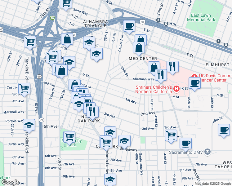 map of restaurants, bars, coffee shops, grocery stores, and more near 3743 1st Avenue in Sacramento