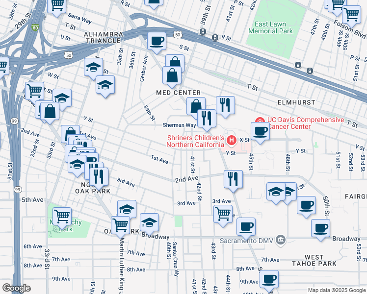 map of restaurants, bars, coffee shops, grocery stores, and more near 2483 San Jose Way in Sacramento