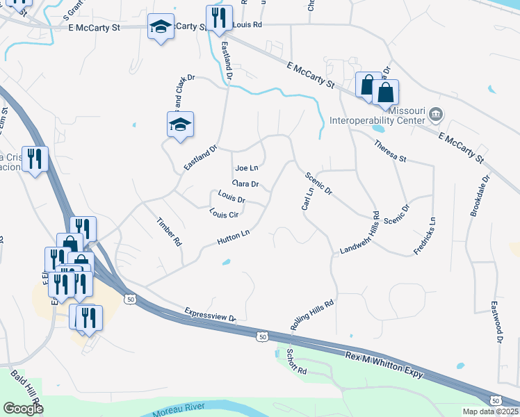 map of restaurants, bars, coffee shops, grocery stores, and more near 2148 Louis Drive in Jefferson City