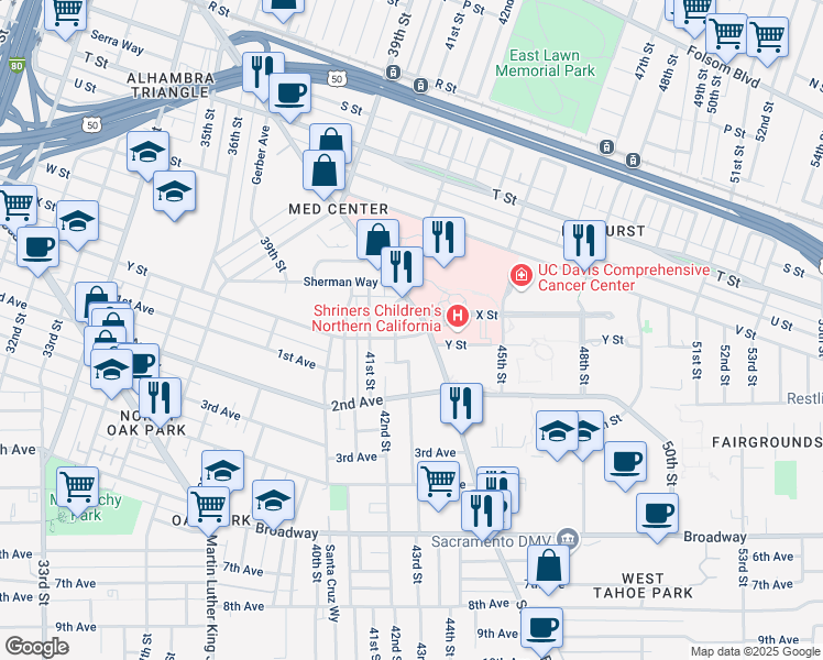 map of restaurants, bars, coffee shops, grocery stores, and more near 4225 Y Street in Sacramento