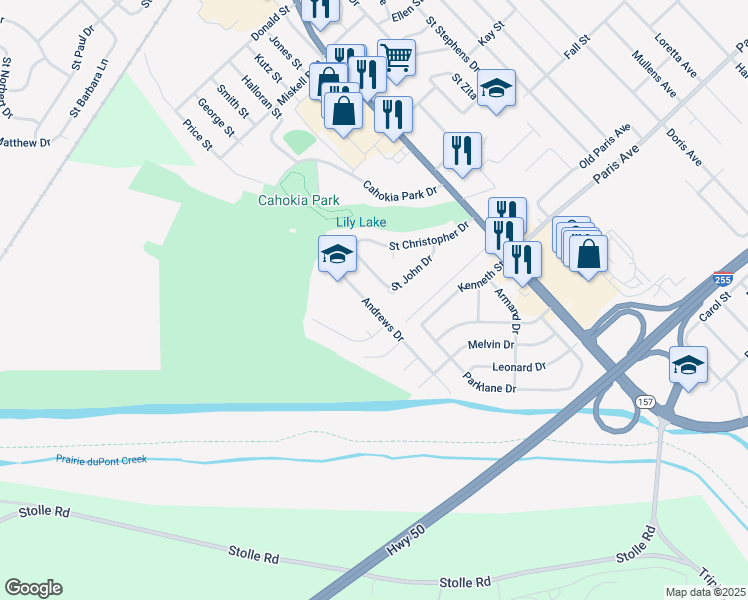 map of restaurants, bars, coffee shops, grocery stores, and more near 1521 Andrews Drive in Cahokia