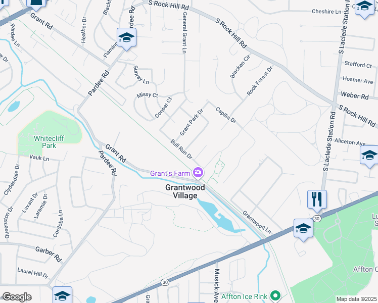 map of restaurants, bars, coffee shops, grocery stores, and more near 7533 Bull Run Drive in Saint Louis