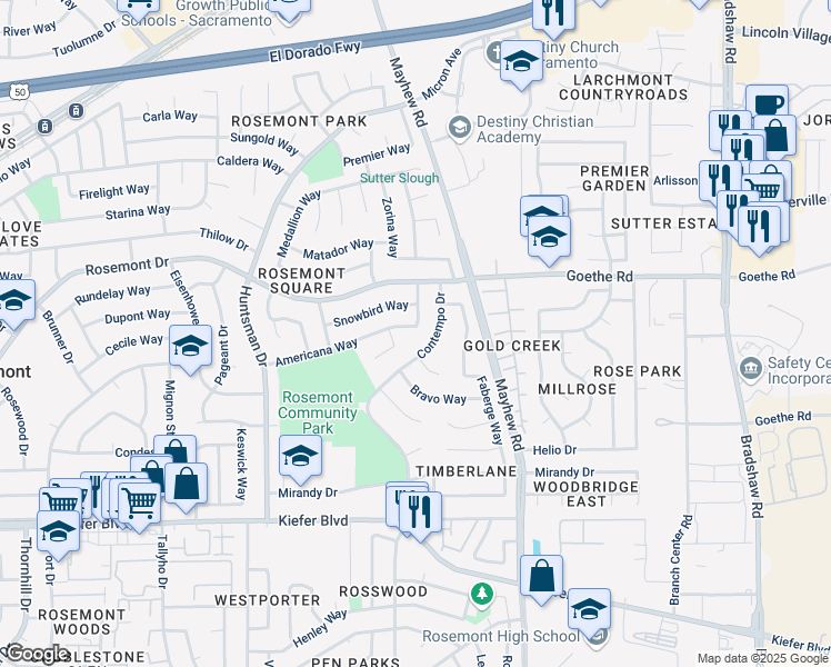 map of restaurants, bars, coffee shops, grocery stores, and more near 9408 Americana Way in Sacramento