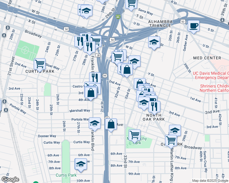 map of restaurants, bars, coffee shops, grocery stores, and more near 3139 3rd Avenue in Sacramento