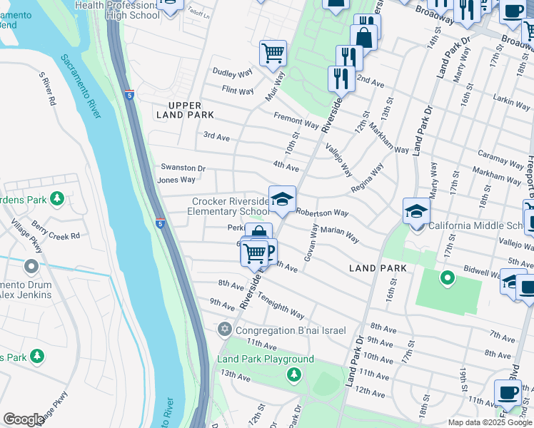 map of restaurants, bars, coffee shops, grocery stores, and more near 2921 Muir Way in Sacramento