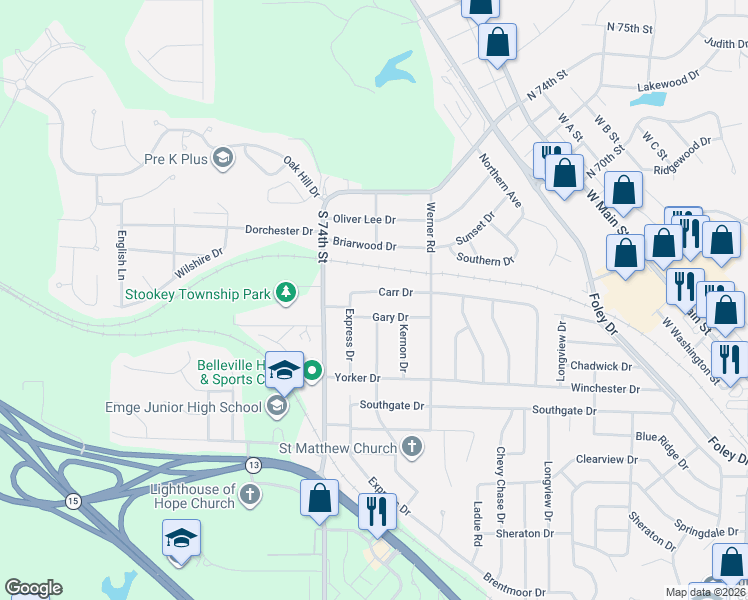 map of restaurants, bars, coffee shops, grocery stores, and more near 7202 Carr Drive in Belleville