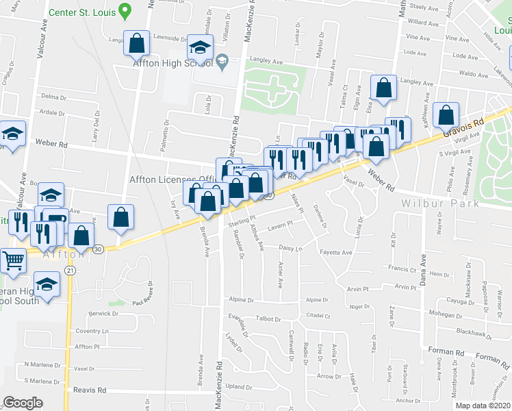 map of restaurants, bars, coffee shops, grocery stores, and more near 9422 Gravois Road in Affton