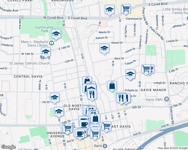 map of restaurants, bars, coffee shops, grocery stores, and more near 917 J Street in Davis