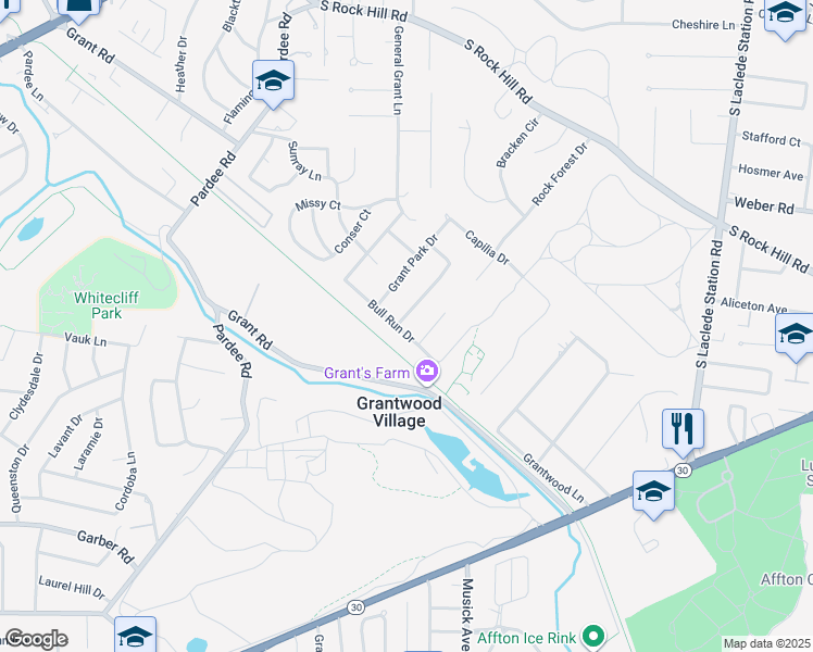 map of restaurants, bars, coffee shops, grocery stores, and more near 7533 Bull Run Drive in St. Louis