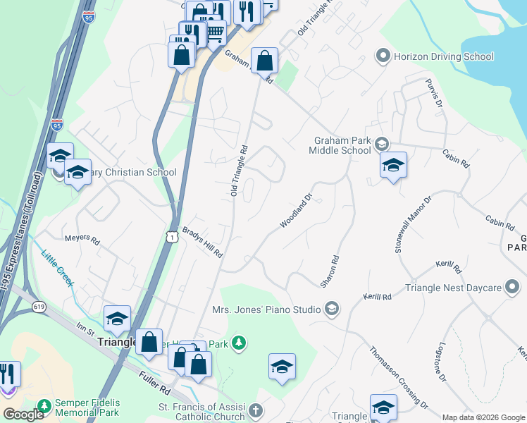 map of restaurants, bars, coffee shops, grocery stores, and more near 18311 Chestnut Drive in Triangle