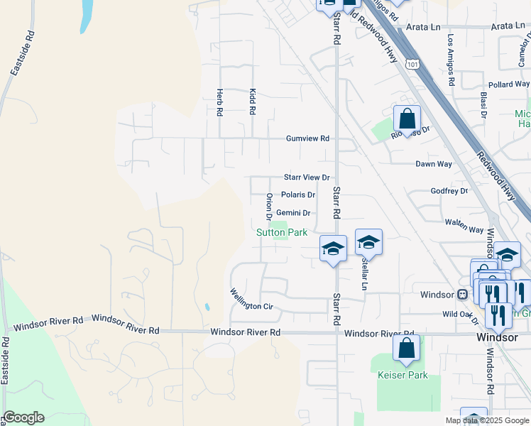 map of restaurants, bars, coffee shops, grocery stores, and more near 9675 Orion Drive in Windsor