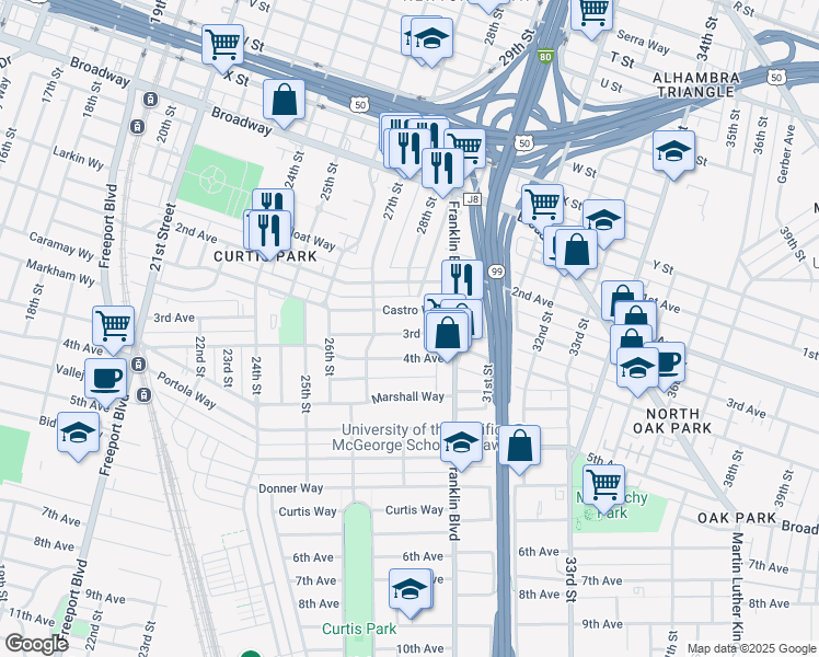 map of restaurants, bars, coffee shops, grocery stores, and more near 2801 3rd Avenue in Sacramento