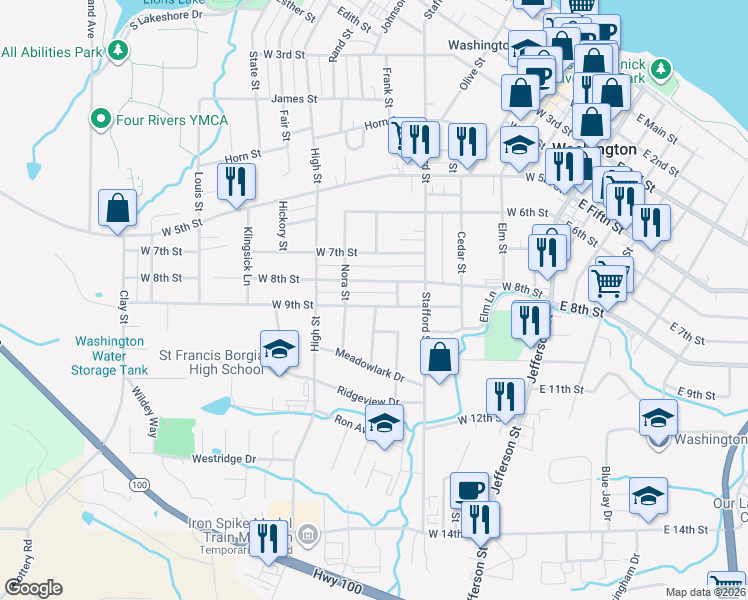 map of restaurants, bars, coffee shops, grocery stores, and more near 711 West 9th Street in Washington