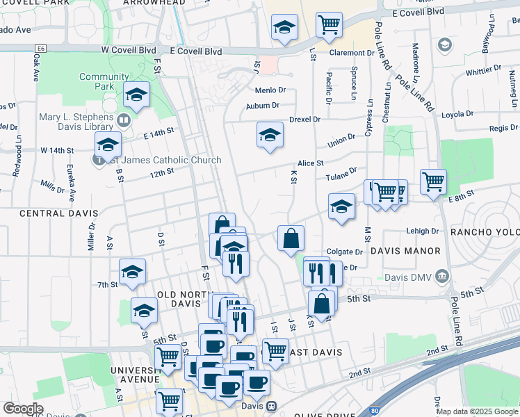 map of restaurants, bars, coffee shops, grocery stores, and more near 1016 Columbia Place in Davis