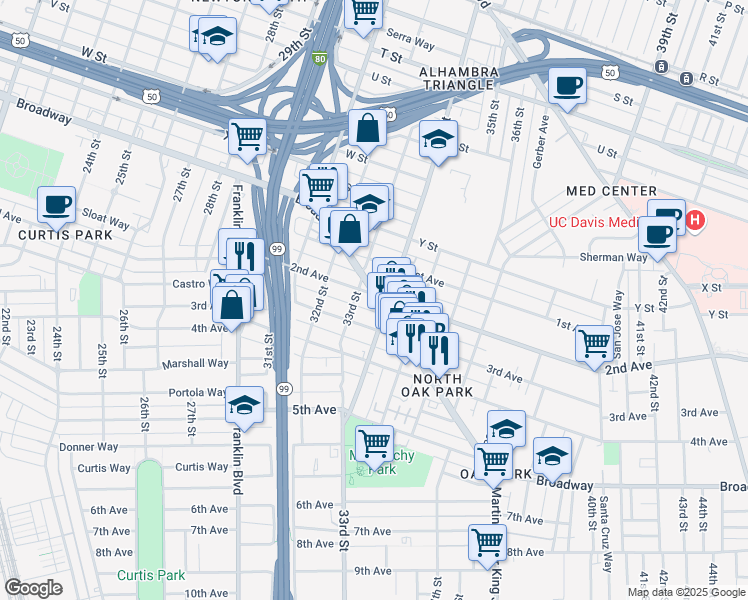 map of restaurants, bars, coffee shops, grocery stores, and more near 3318 Broadway in Sacramento