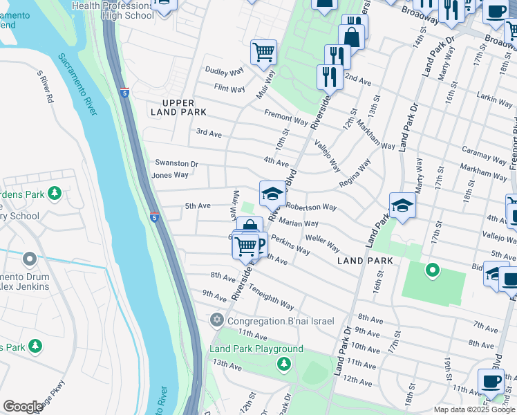 map of restaurants, bars, coffee shops, grocery stores, and more near 2970 Riverside Boulevard in Sacramento