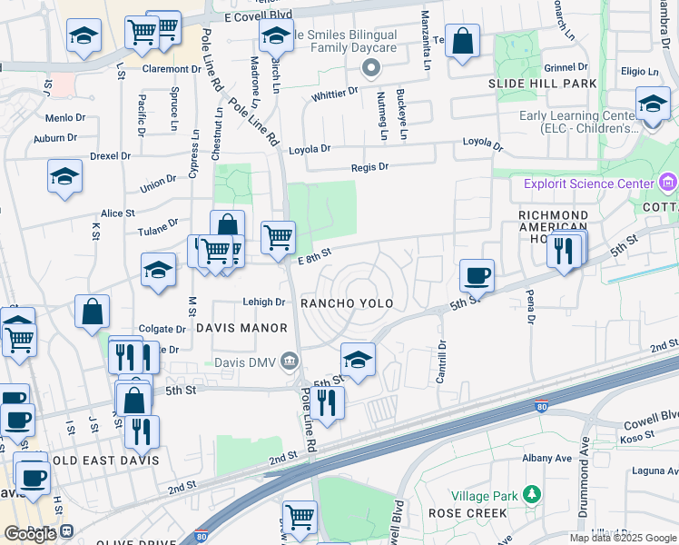 map of restaurants, bars, coffee shops, grocery stores, and more near 185 Full Circle in Davis
