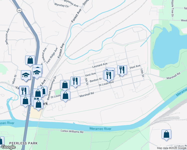 map of restaurants, bars, coffee shops, grocery stores, and more near 531 Vest Avenue in Valley Park