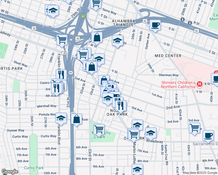 map of restaurants, bars, coffee shops, grocery stores, and more near 3433 2nd Avenue in Sacramento